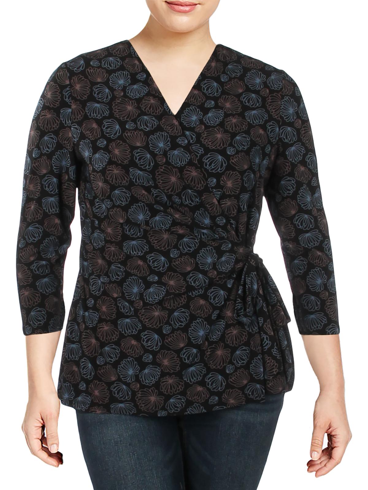 Anne Klein Womens Justine Printed Office Wrap Top Black XXS